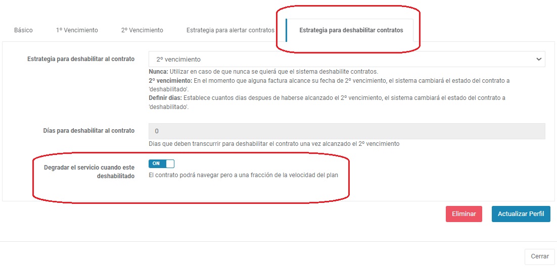 Configuración en la facturación degradar servicio