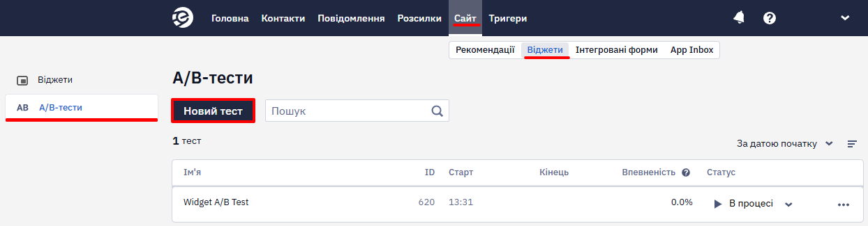 Кнопка Новий тест у розділі A/B-тести для тесту з кнопкою виклику