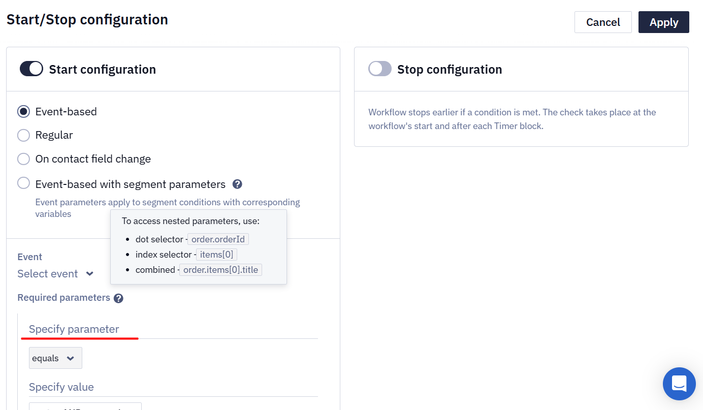 Workflow start/stop configuration