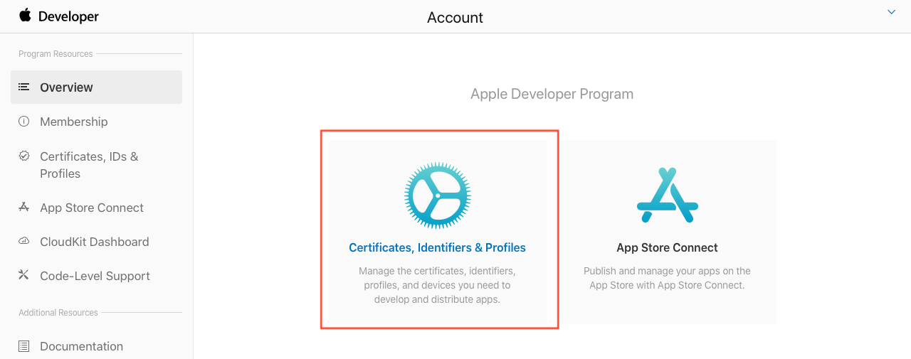 1\. Acesse sua conta de desenvolvedor da Apple e clique na seção **Certificates, Identifiers & Profiles**.