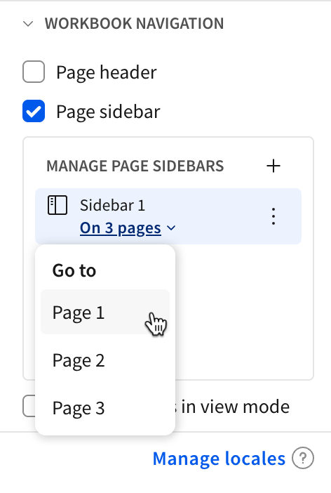 The manage sidebar menu shows three pages assigned to the sidebar, listed by name