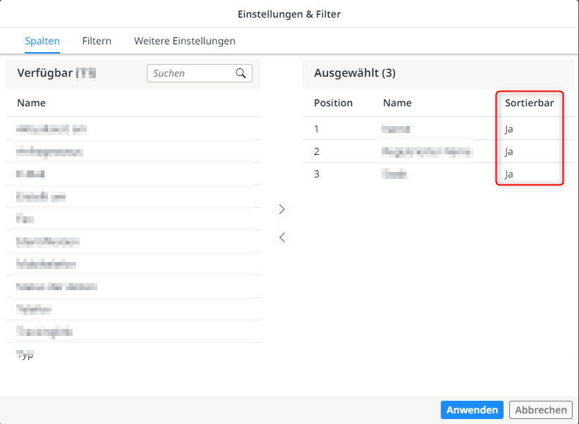 Beispielhafte Darstellung der Spalte 'Sortierbar' im Arbeitsfenster Einstellungen & Filter