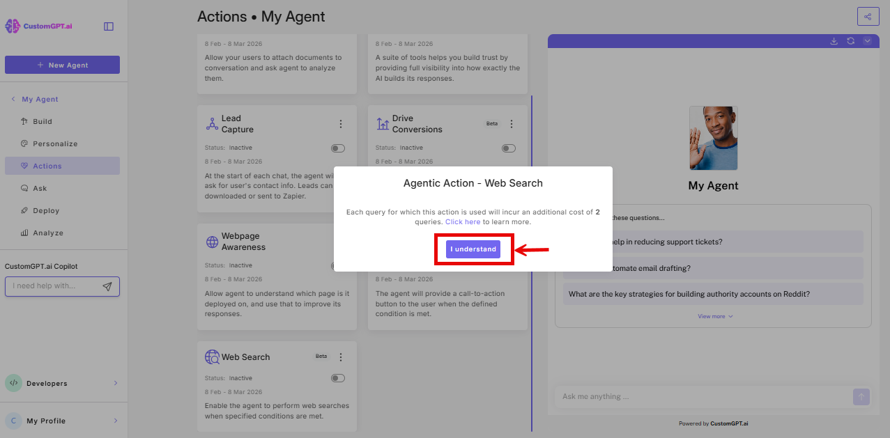 Screenshot: I understand button to activate WEb Search action