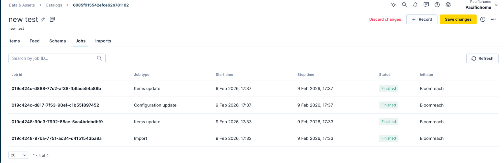 Use the **Jobs** tab to track the status of general catalog operations