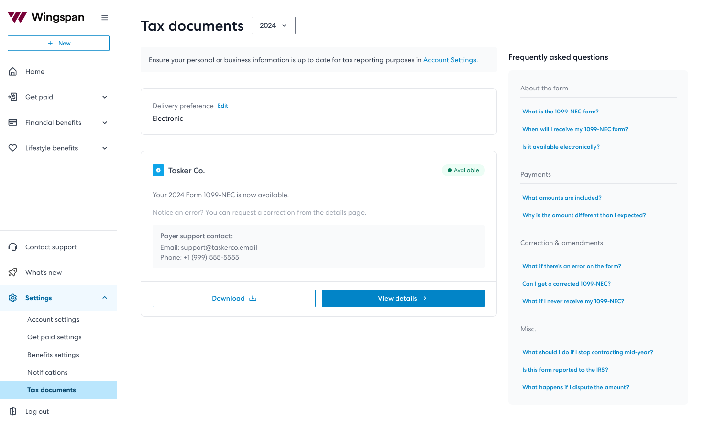 Screenshot showing contractor tax documents page