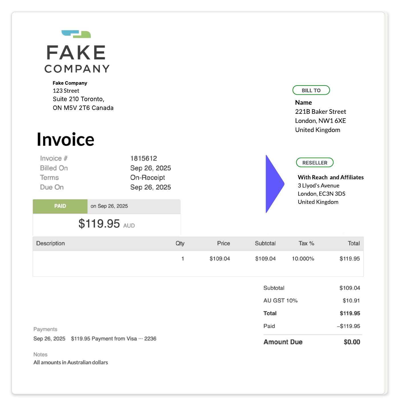 Example invoice showing Reach as reseller