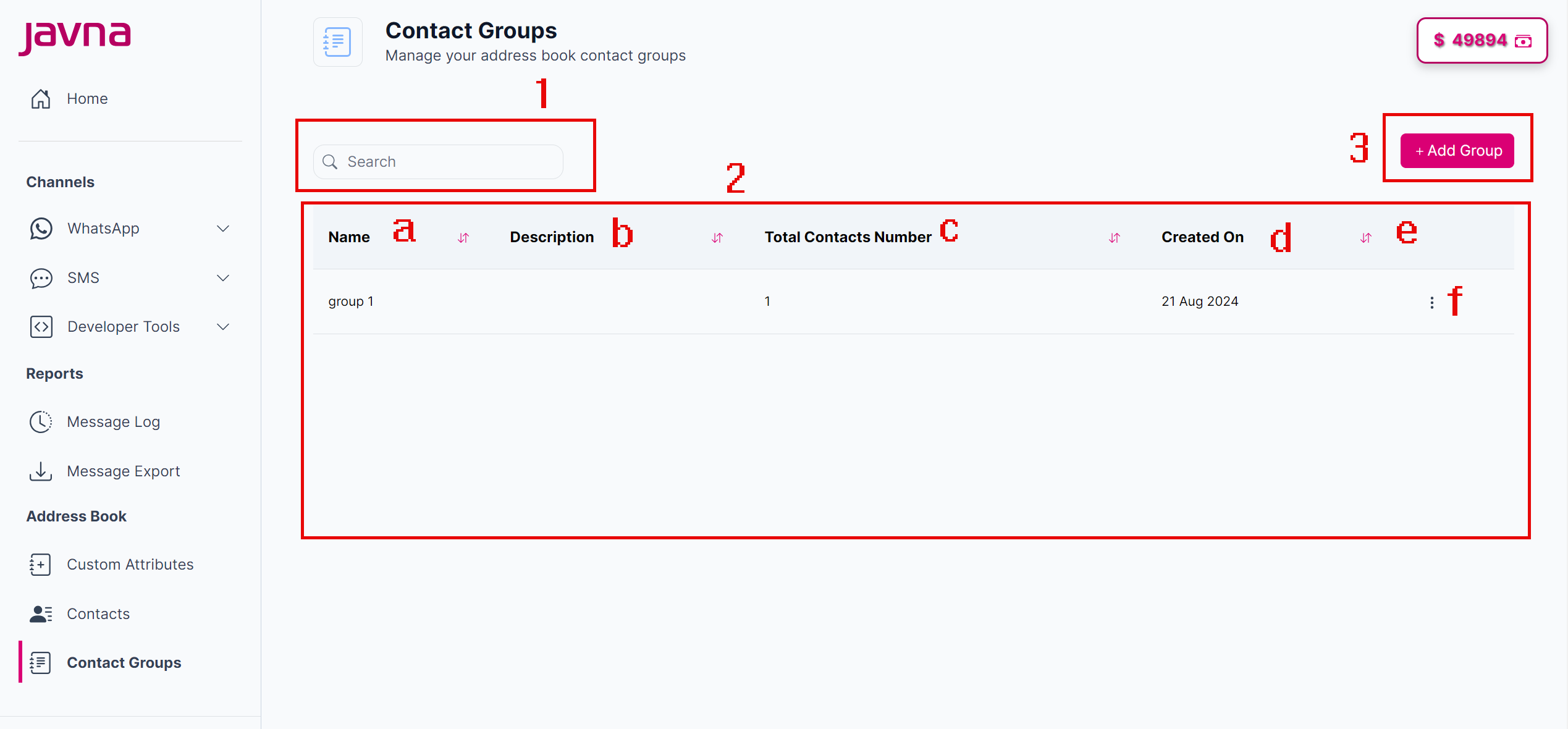 Fig 169: The components of the "Contact Groups" page.