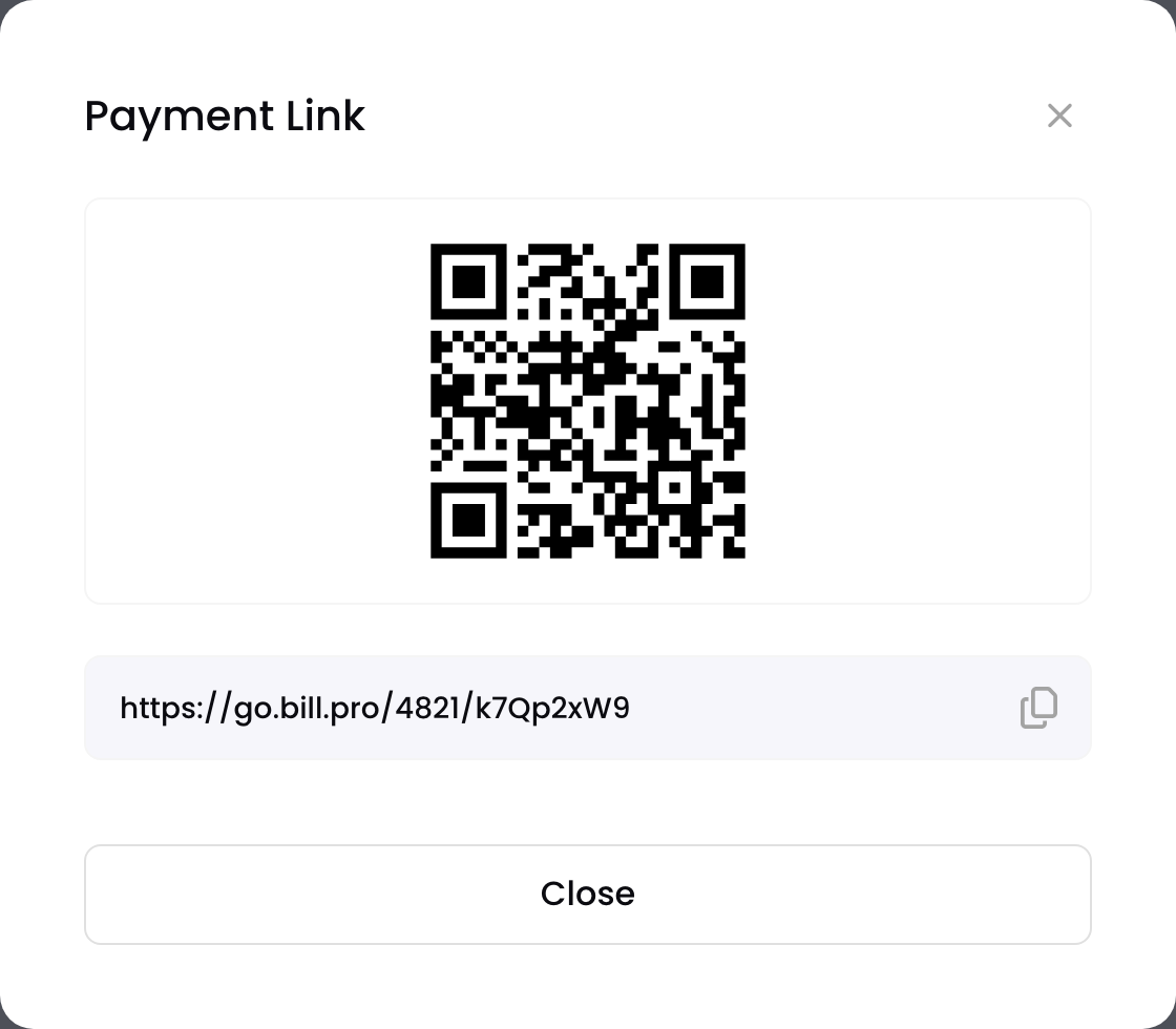 The Payment Link pop-up with a QR code and the link