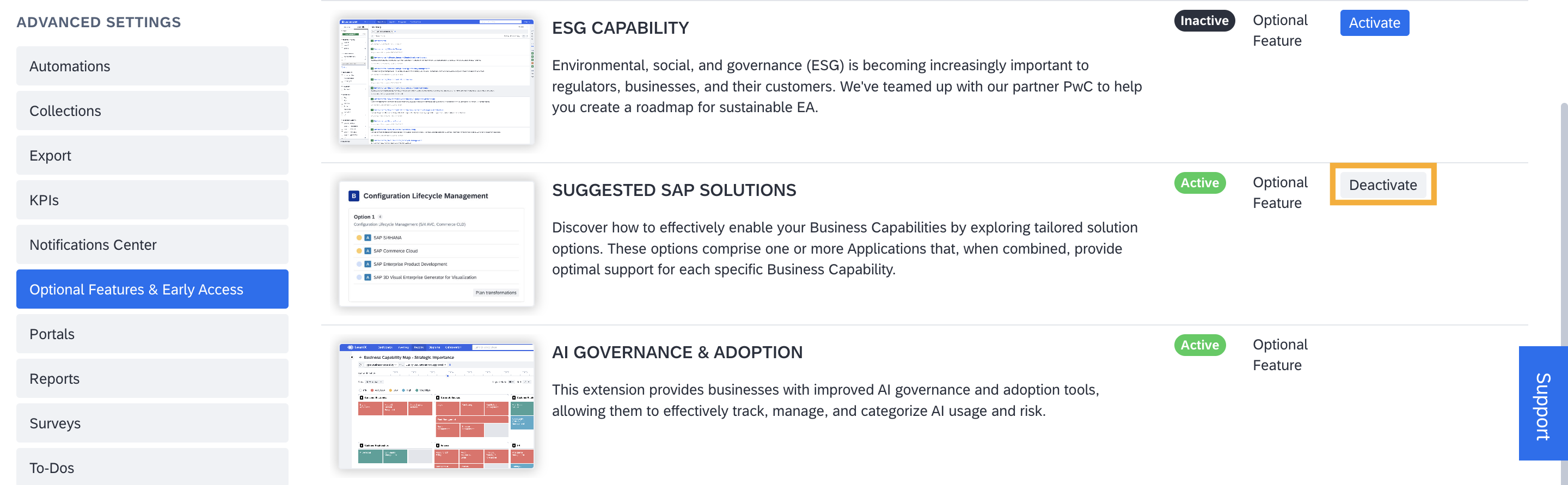 Optional Feature Suggested SAP Solutions in the Optional Features & Early Access Section of the Administration Area