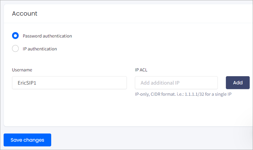 Screenshot of SIP account authentication settings by password