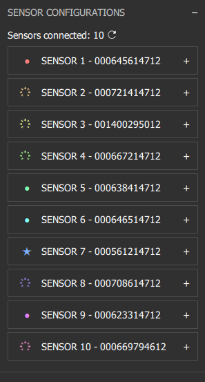 The star :star: indicates Sensor 7 is the Control/Primary sensor. The dots ⬤ indicate Subordinate sensors which are receiving synchronization signals. Spinning 'wait' sync indicators show that some of the sensors are awaiting sync signal, which is indicative of misconfigured or broken sync cable, likely before the first of these 'waiting' sensors in the sync chain.