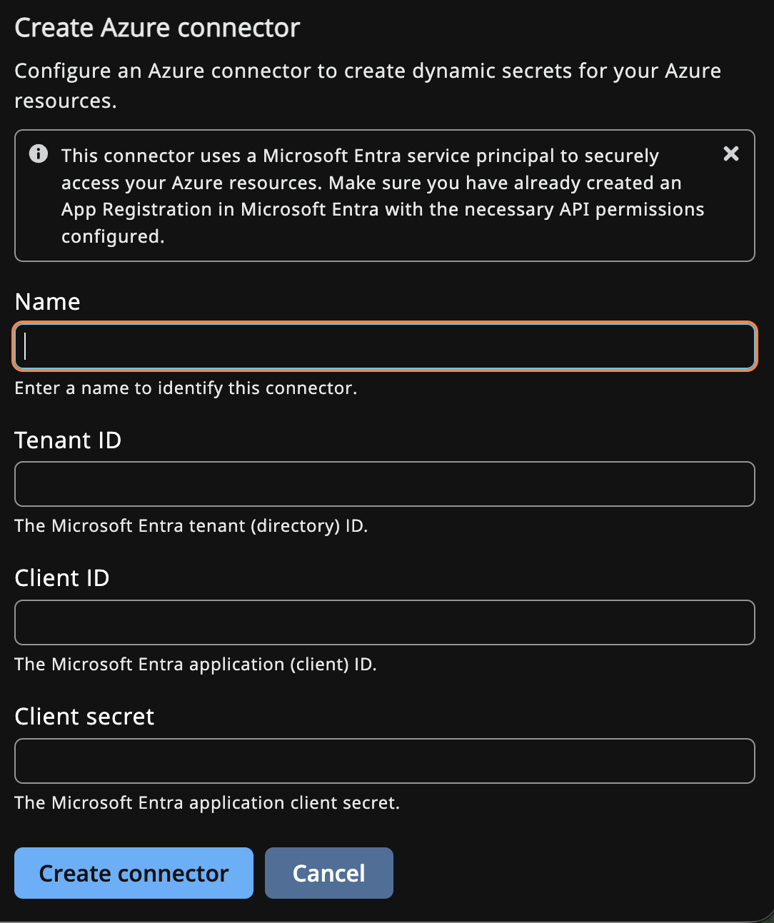 Create Azure Integration form with Name, Tenant ID, Client ID, and Client Secret fields.