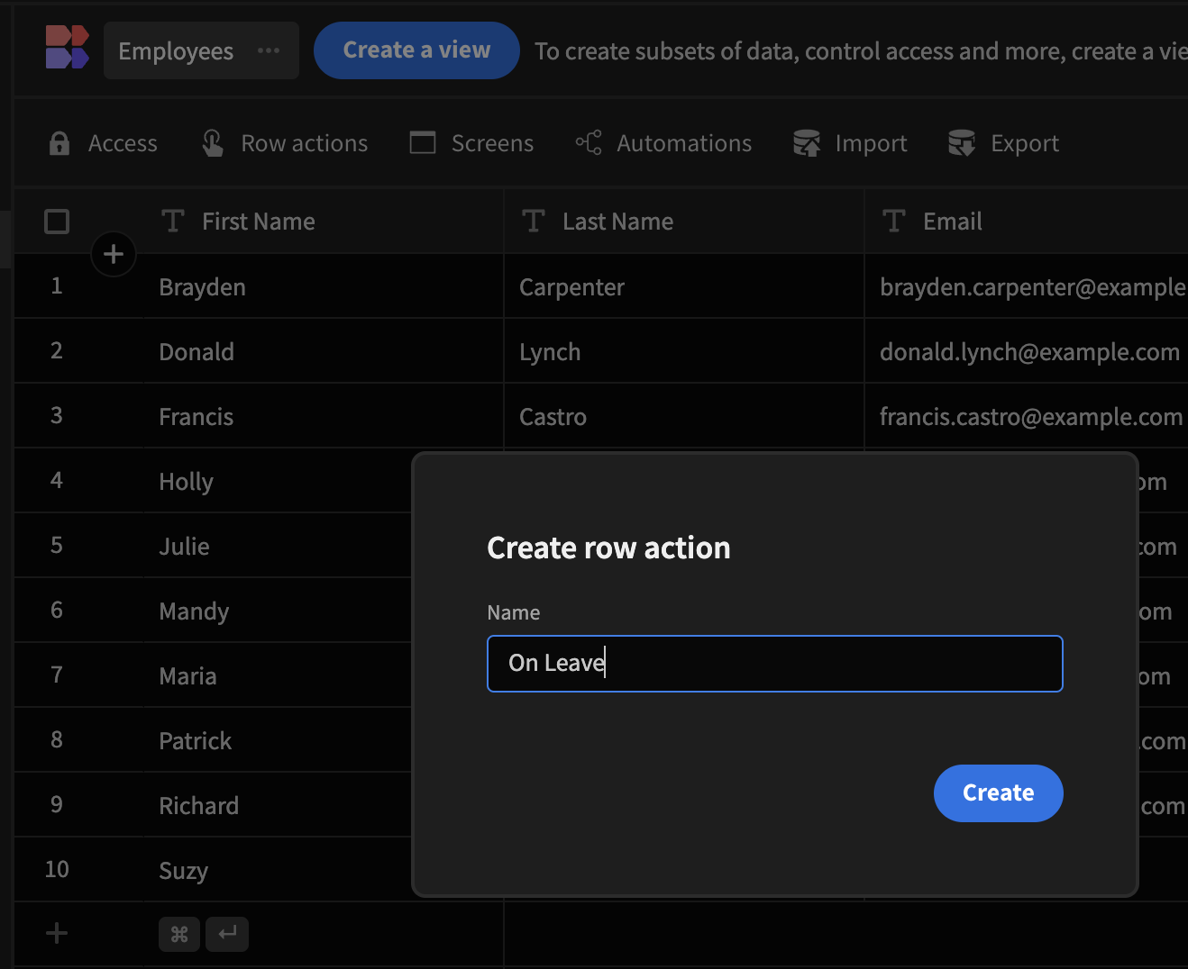 An image of the modal prompt for naming the row action