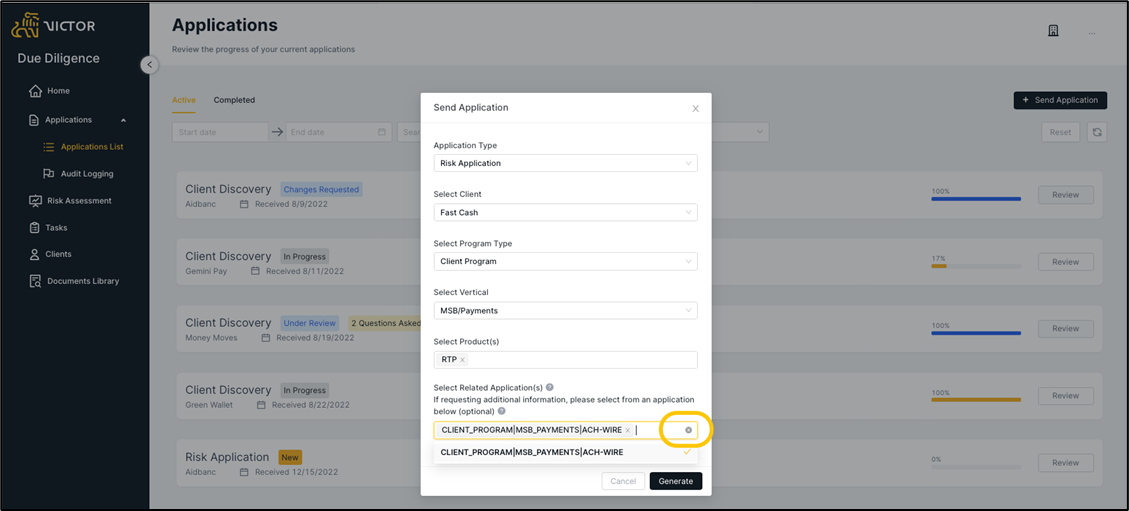 Figure 37. Send application modal, remove related application if a new application is required