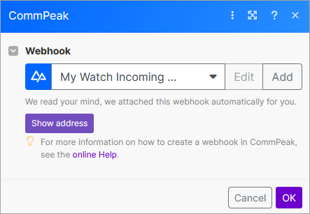 Screenshot of the **Webhook** dialog