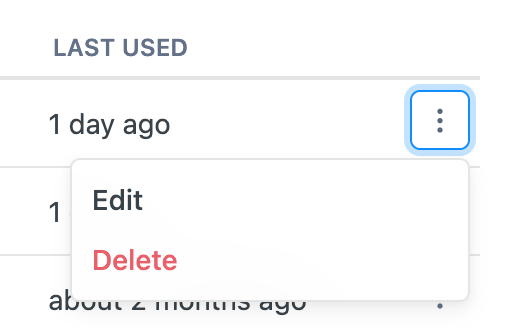 The "Edit" and "Delete" options that are available when you click the three dots on the right-hand side of an API key