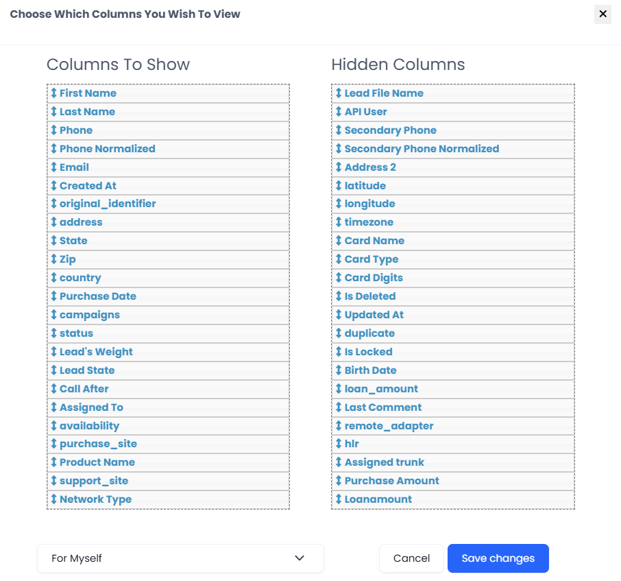 The configure Columns window