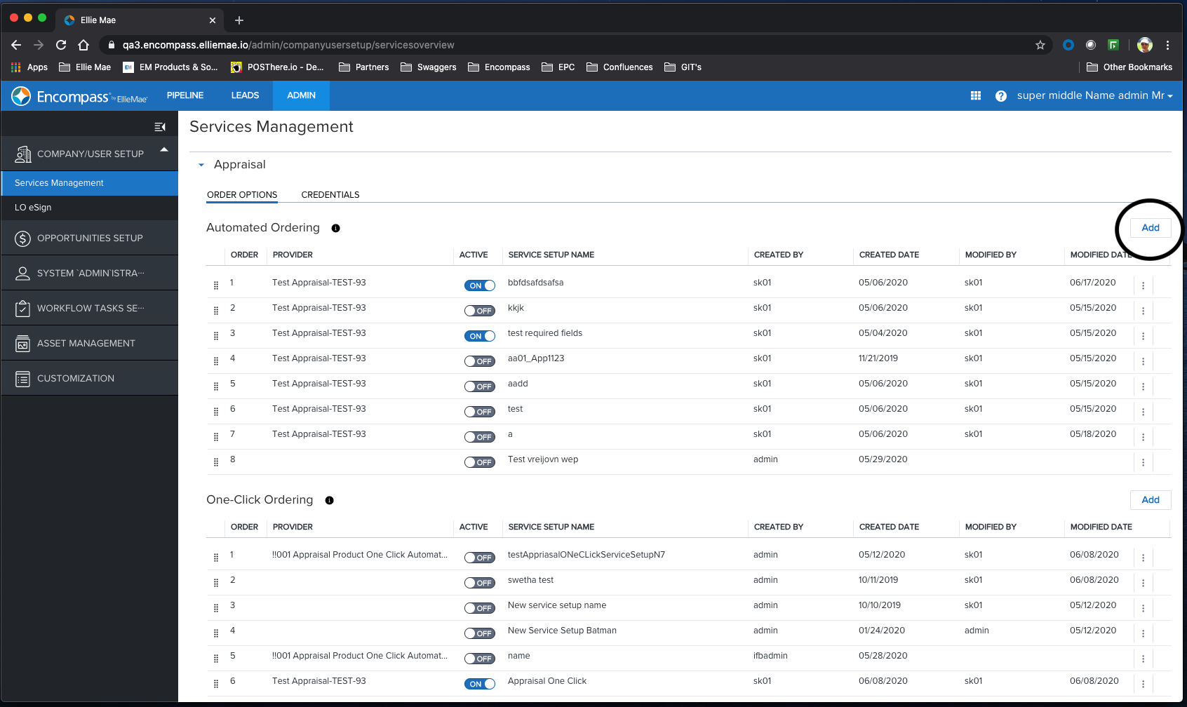 Add a new service setup on the Service Management Page