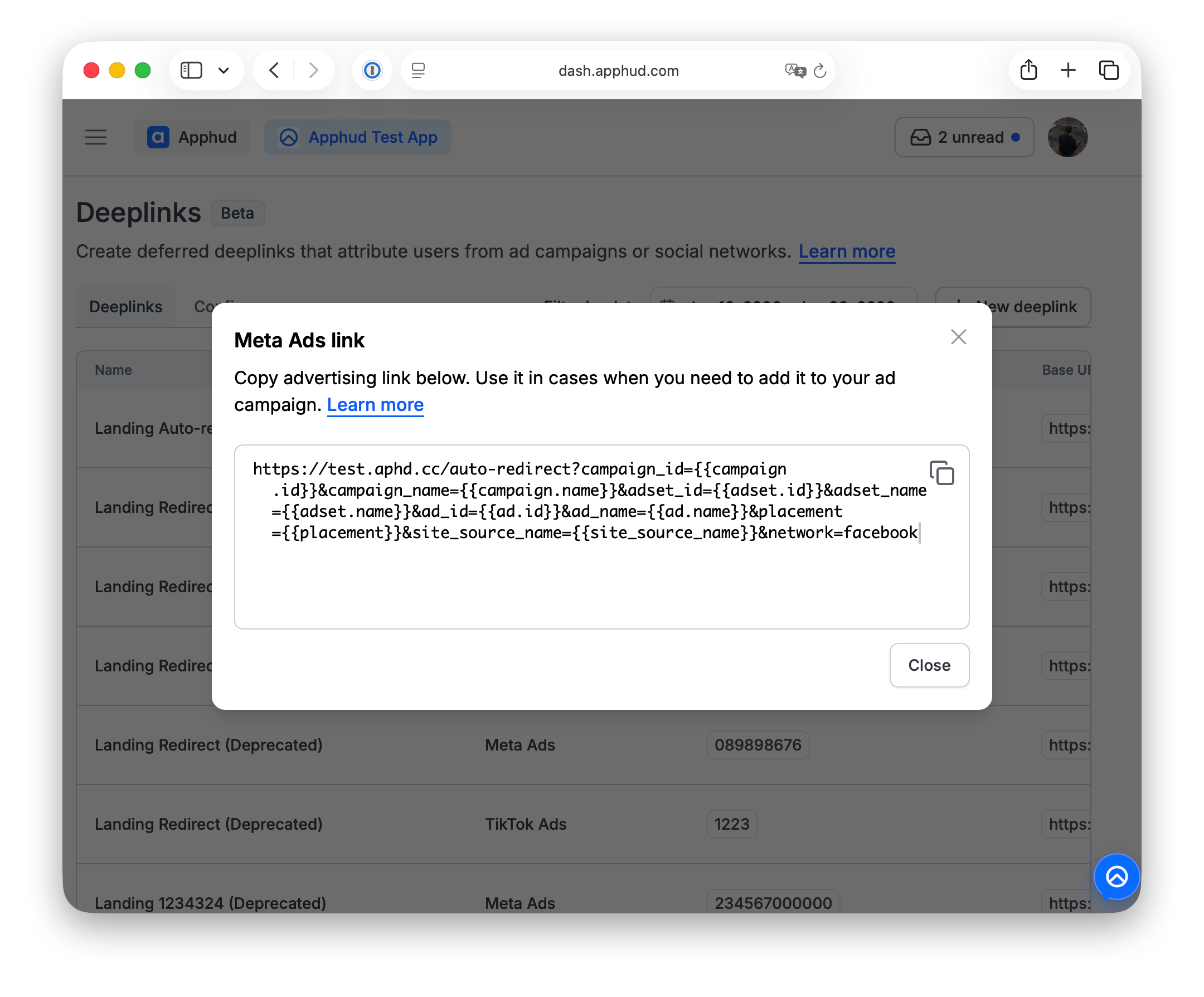 Generated ad link copied for use in ad campaigns