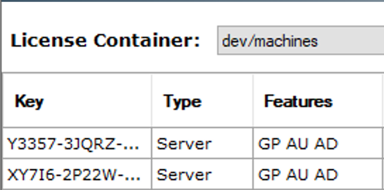 An image of license feature codes in the Feature column