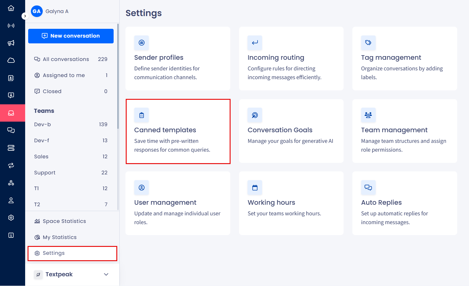 Screenshot of the Canned templates page