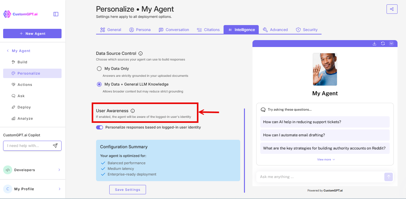Screenshot: User awareness setting