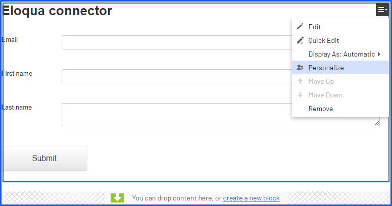 Screenshot of the Large content area dialog where selecting Personalize from the form context menu