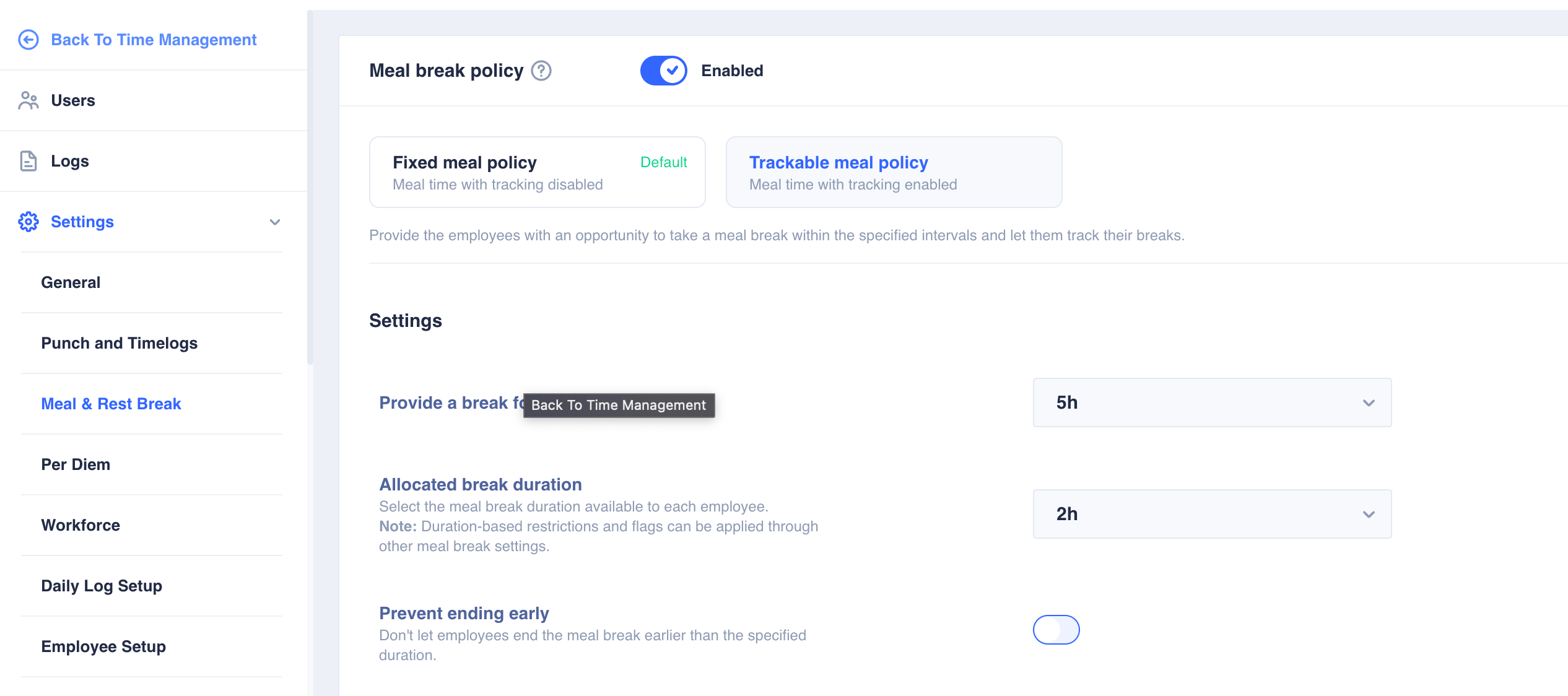 Trackable meal policy settings