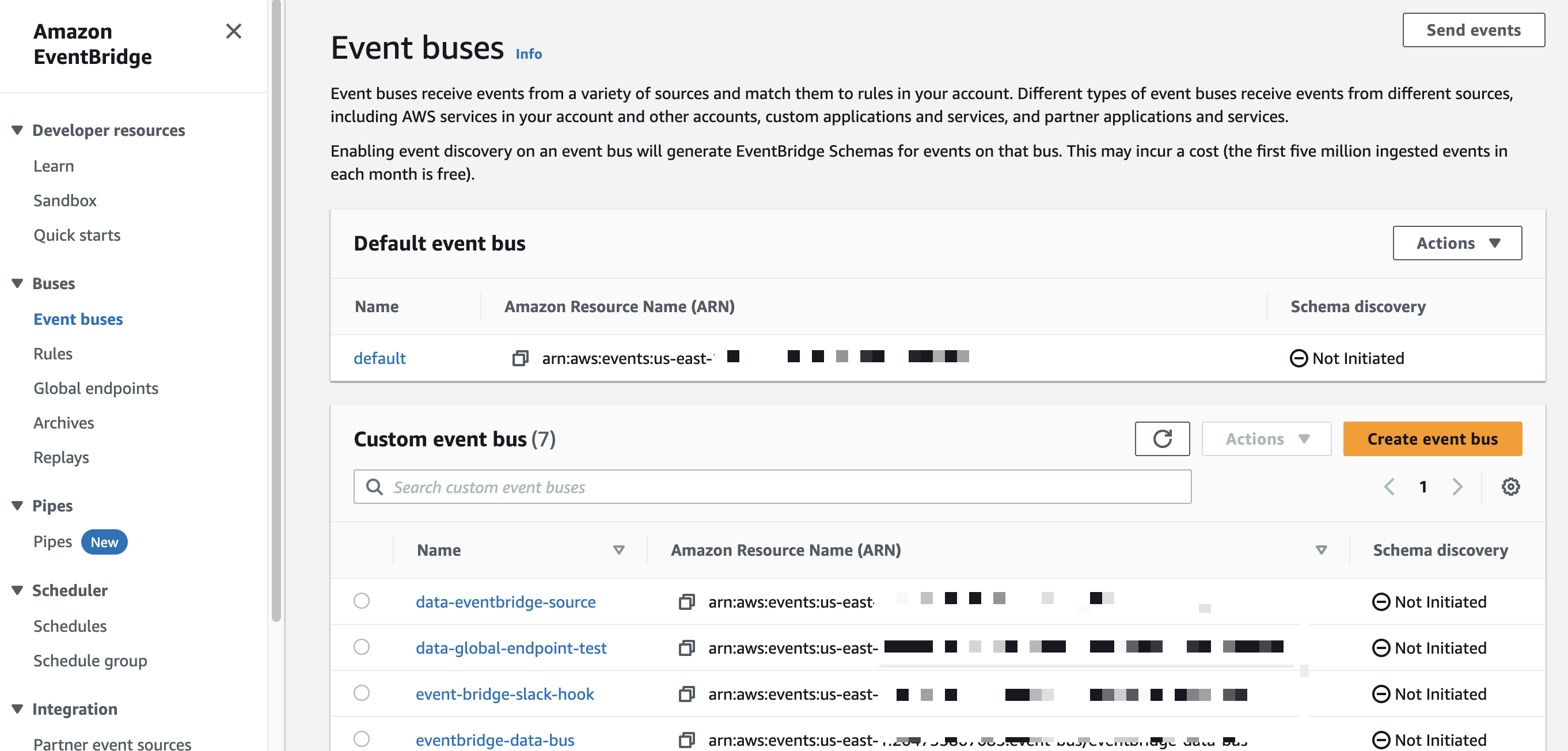 Screen capture of the Create event bus section. 