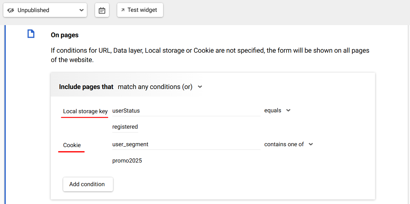 Widget display configuration based on local cookie storage data