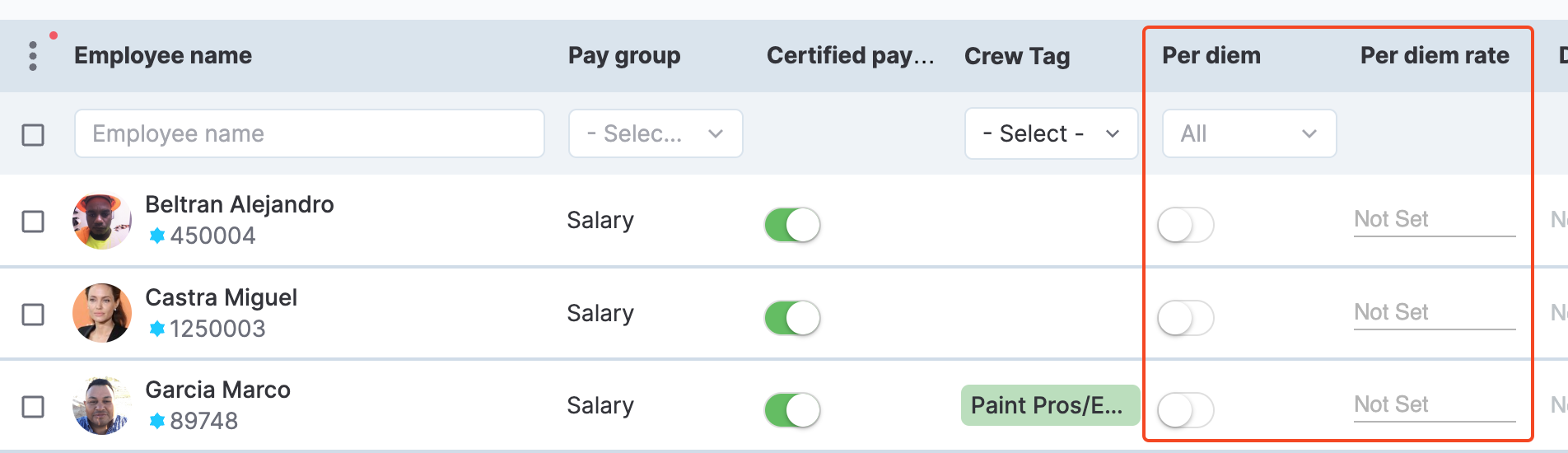 Employee's per diem fields