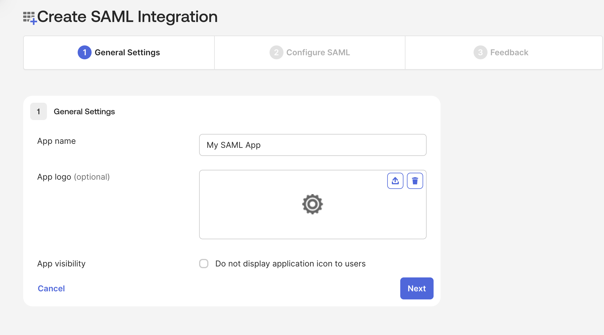 Okta: SAML Integration Wizard, General Settings tab