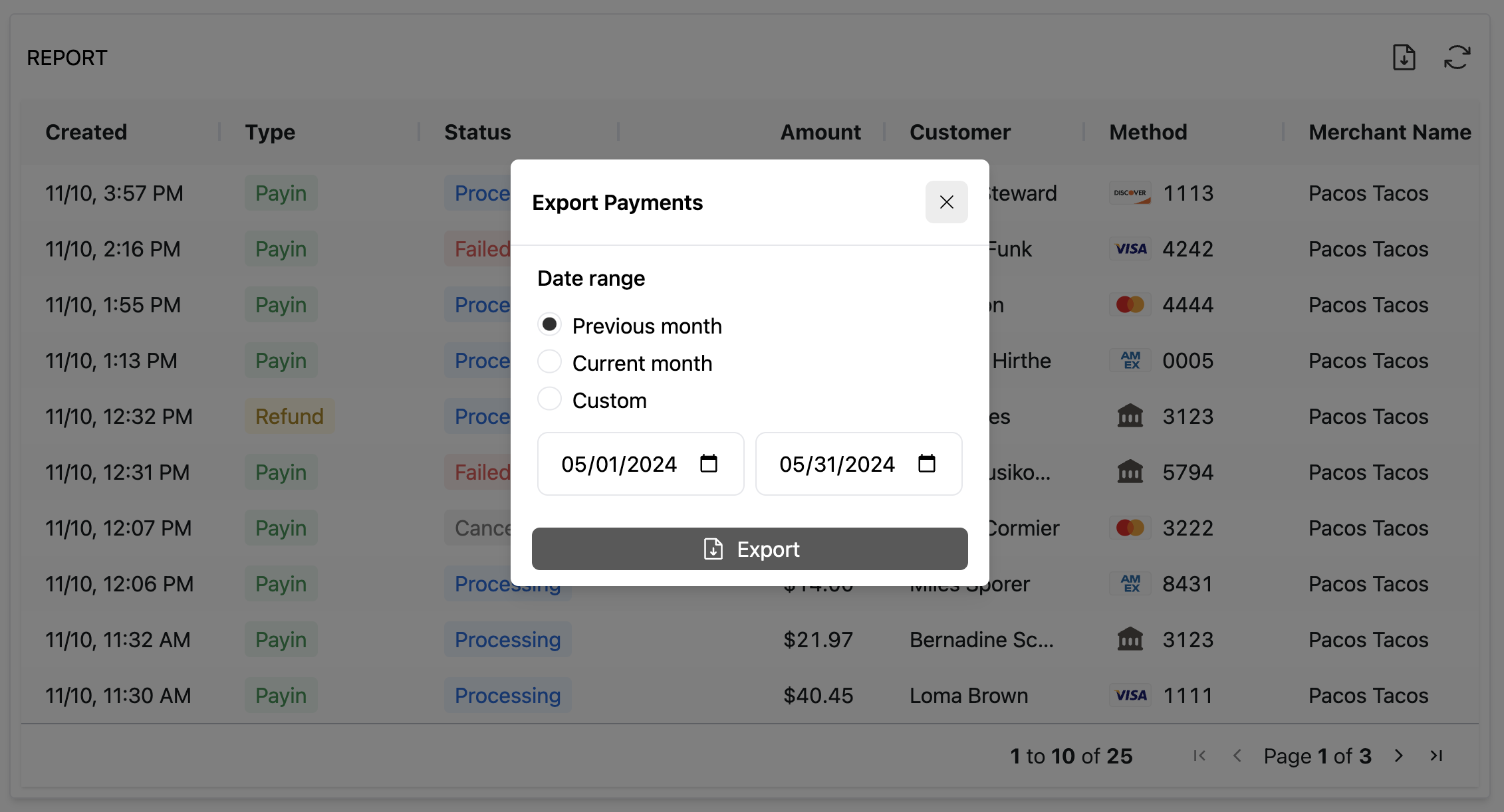 Payment report export modal