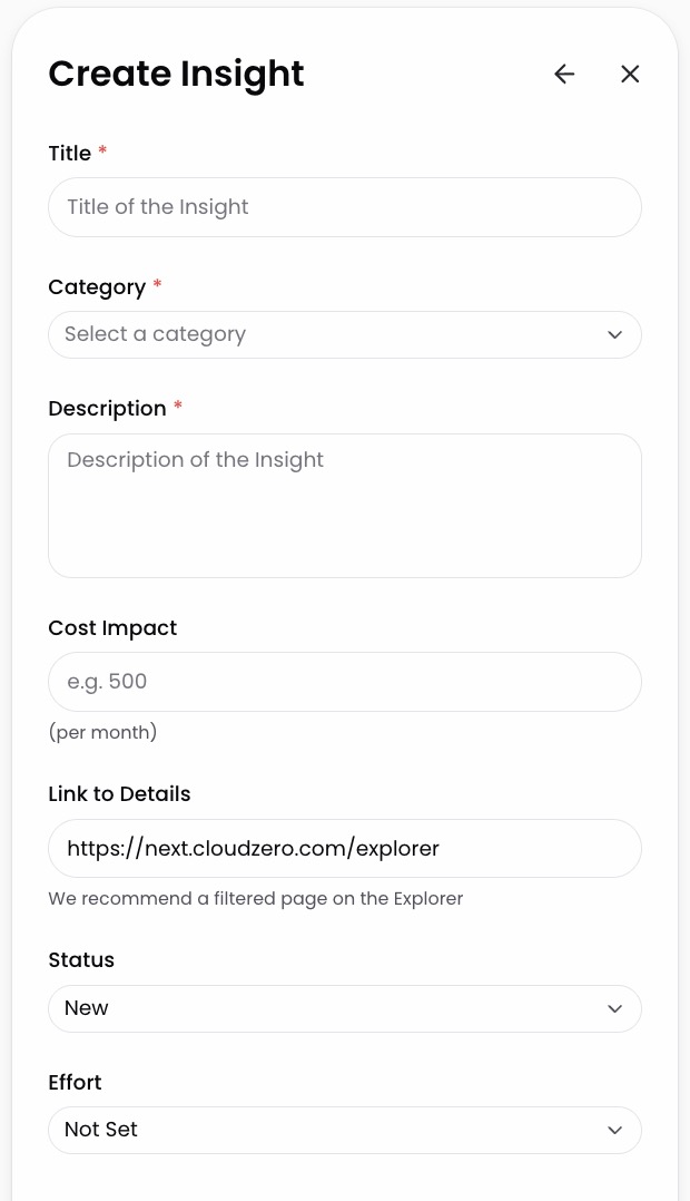 Create Insight form in Explorer showing title, category, description, and cost impact fields