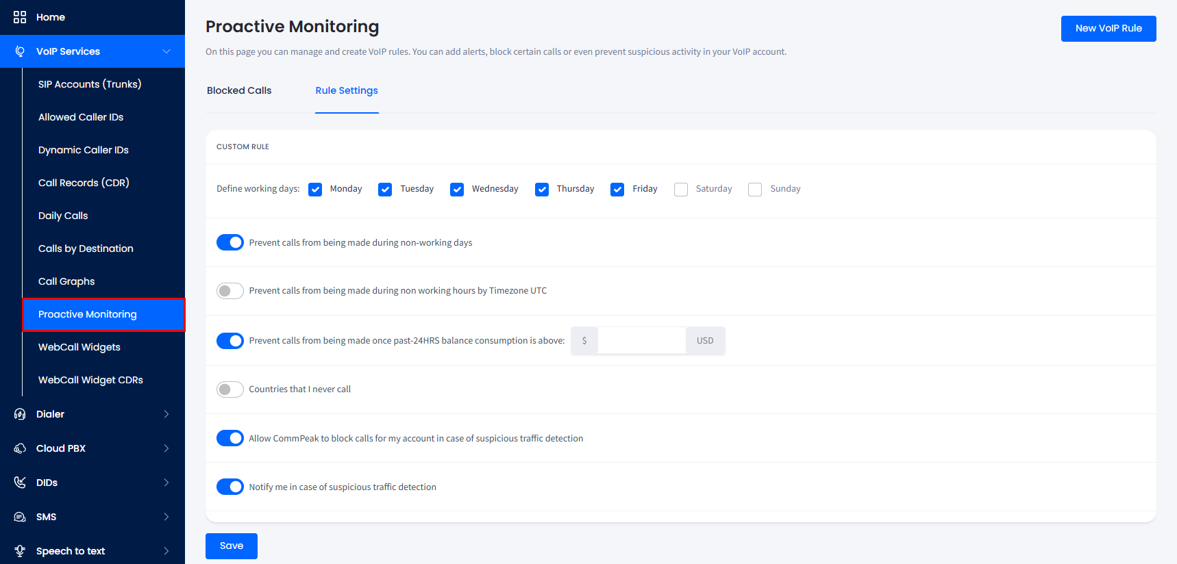 Screenshot of the working days schedule