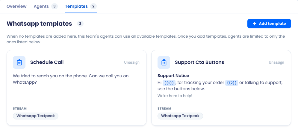 Screenshot of the Templates tab showing the Whatsapp templates list with template and stream columns and the Add template button
