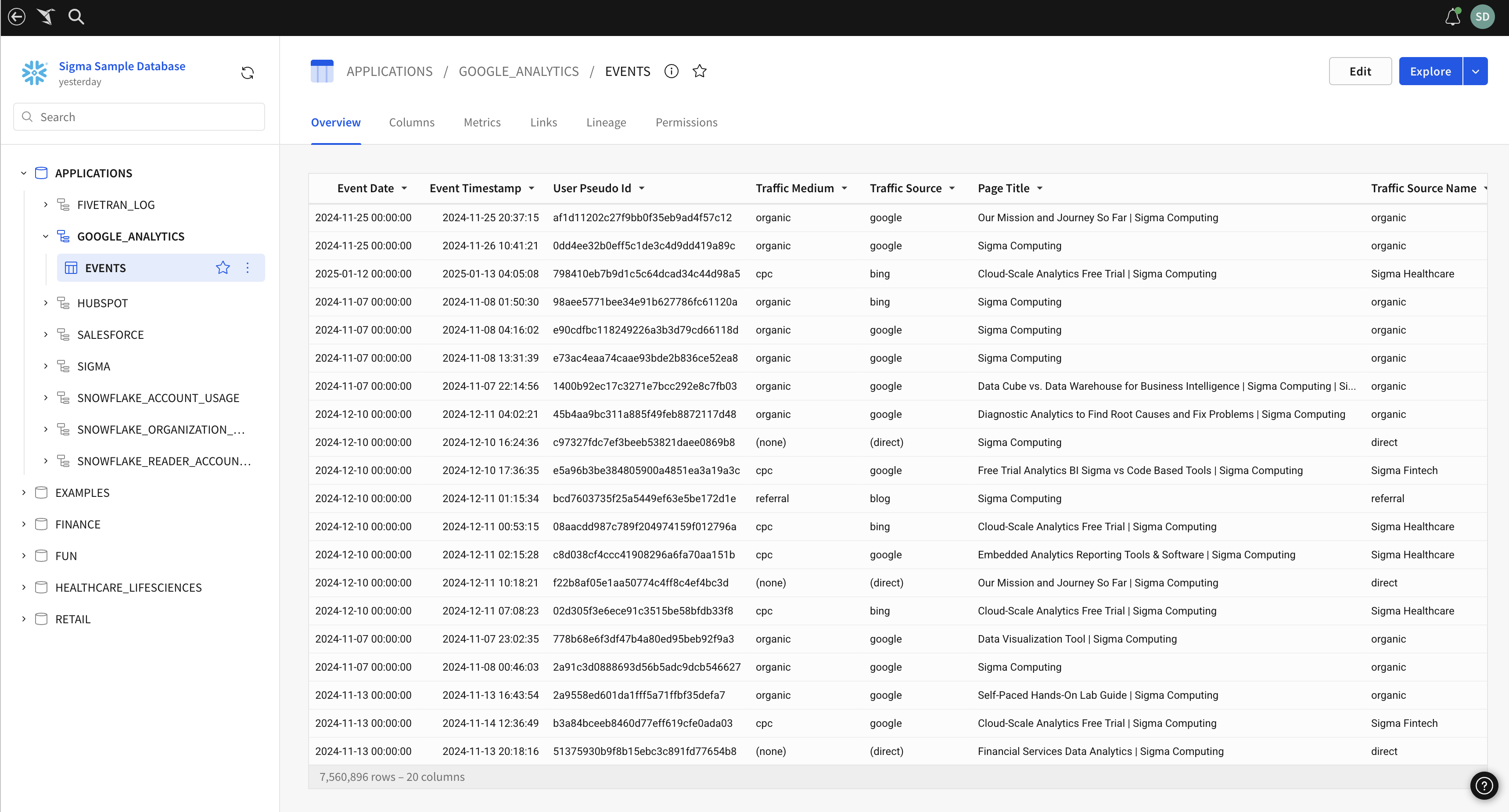 Data catalog for the connected data source, with an EVENTS table selected.