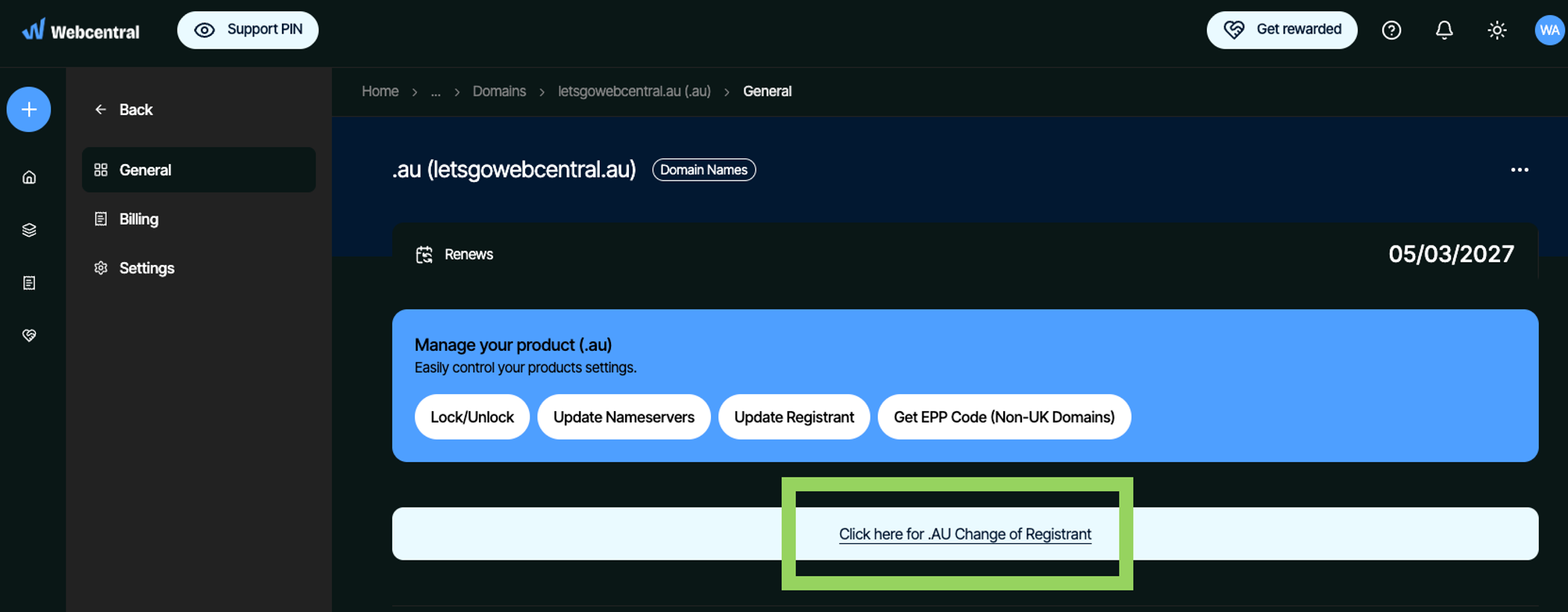 Domain management page with the Click here for .AU Change of Registrant link highlighted at the bottom