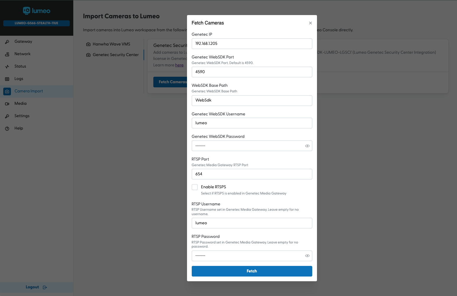 Genetec WebSDK and Media Gateway connection properties