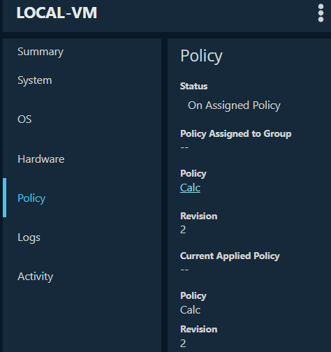 Policy details deployed on a computer such as, policy name, revision, and more.