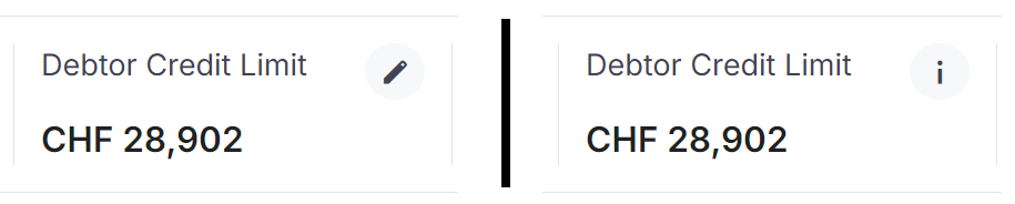 left: the debtor credit limit panel as seen by a user with the request limit position.
right: the debtor credit limit panel as seen by a user without the request limit position.