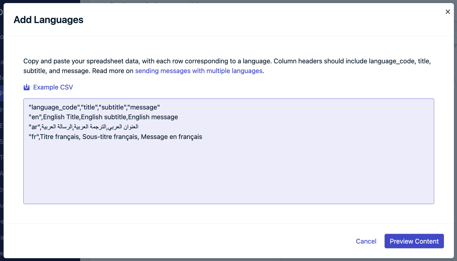 Modal with example data.