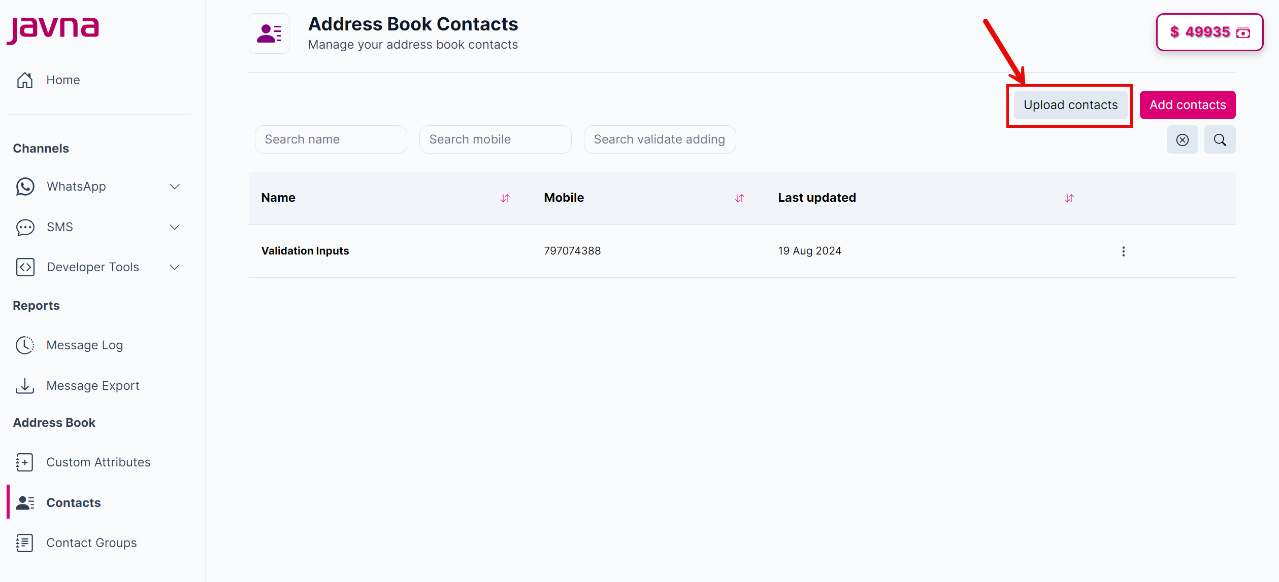 Fig 155: The "Upload contacts" button.

![](https://files.readme.io/cf2e714-image.png)

Fig 156: The "Upload Address Book Contacts" page.