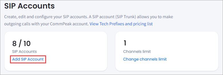 Screenshot of SIP accounts page in CommPeak Portal