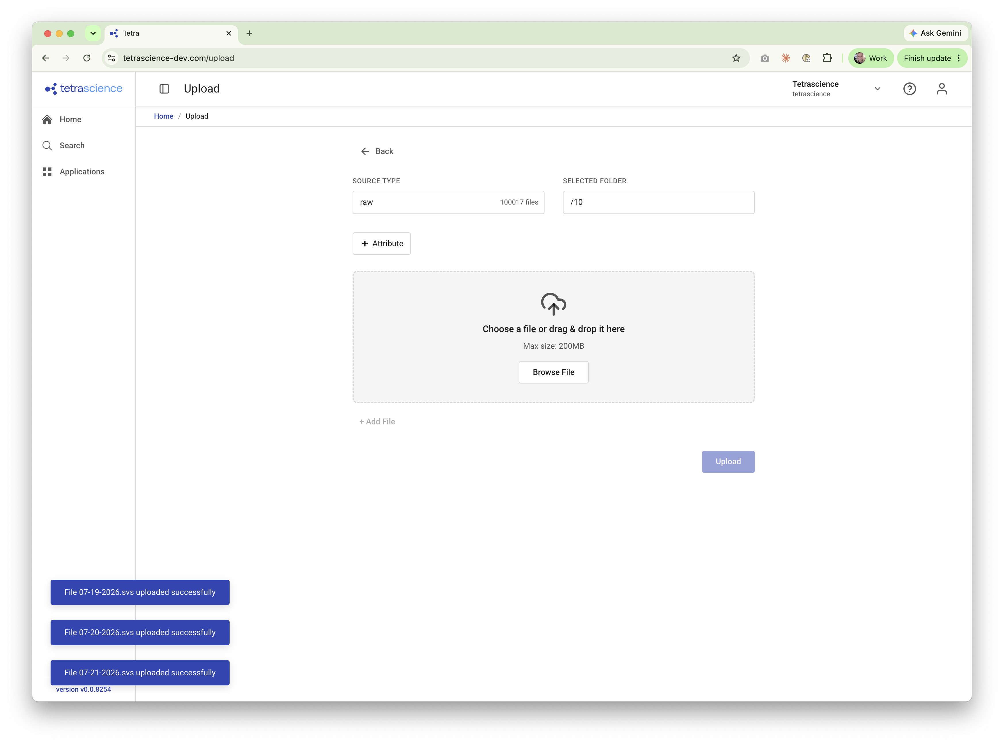 Selecting source type and folder for uploaded files