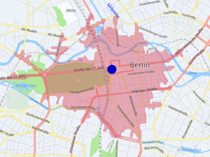 Example isoline representing a travel time period of five minutes from the center of Berlin