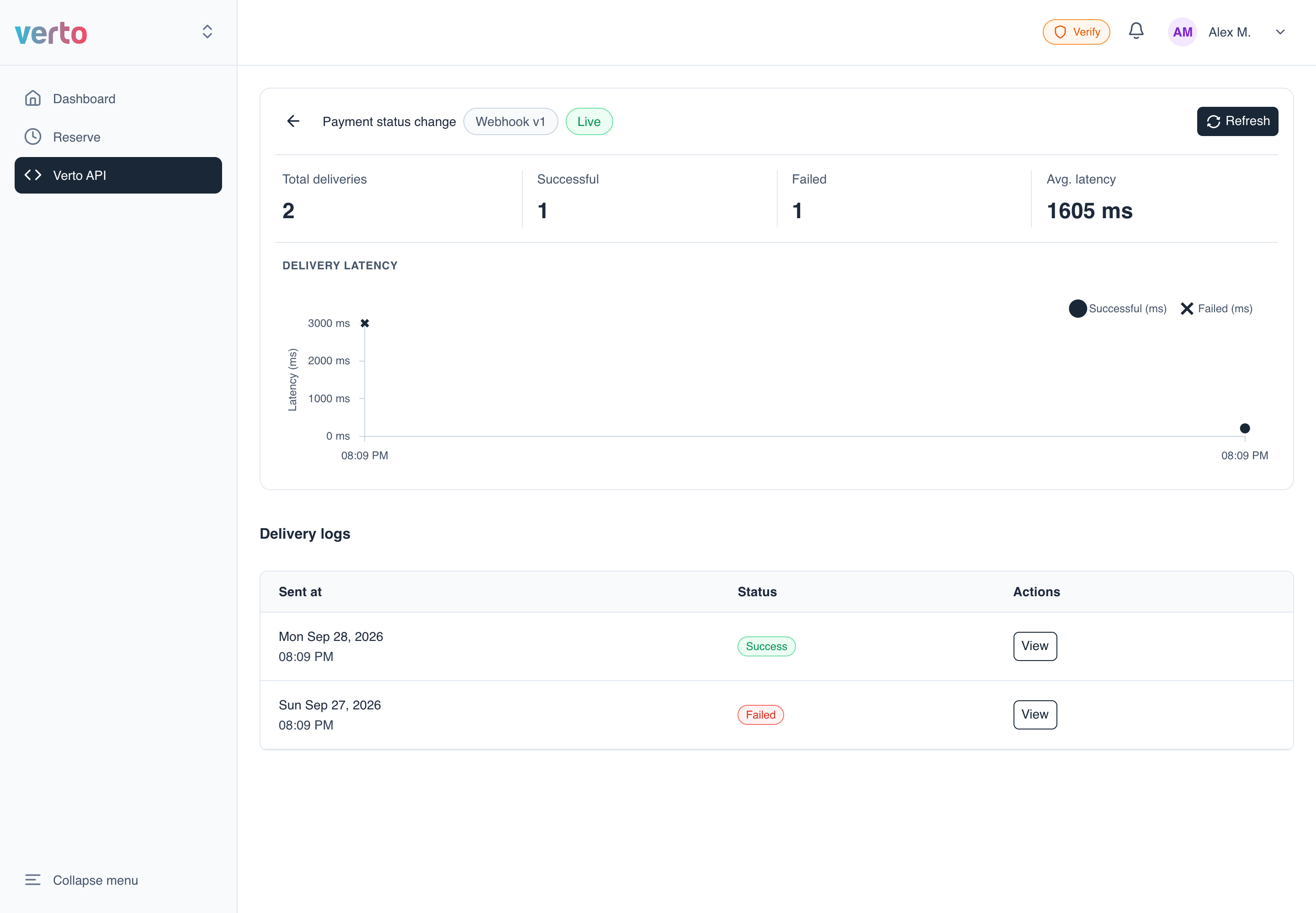 Webhook v1 delivery logs