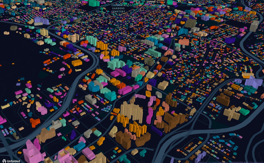 Polygon layer showing 3D buildings.