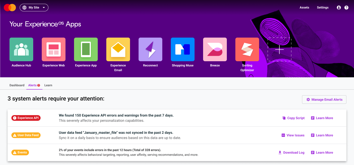 The Dynamic Yield admin console showing active alerts for Experience API errors, data feed not syncing, and event validation errors.