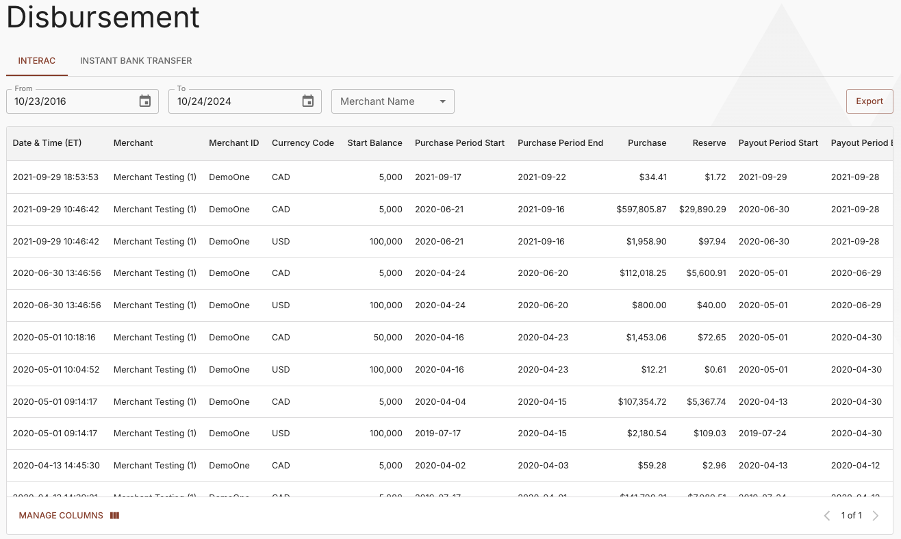 INTERAC Disbursement Report